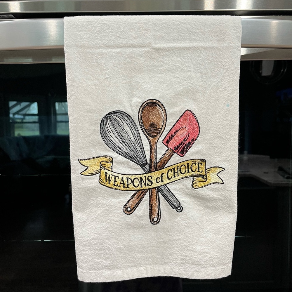 Embroidered White Kitchen Towel with Cooking Utensils Design